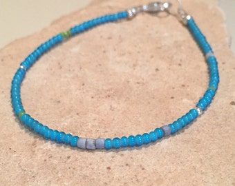 Blue bracelet, seed bead bracelet, stackable bracelet, layering bracelet, sterling silver bracelet, Hill Tribe silver bracelet, gift for her