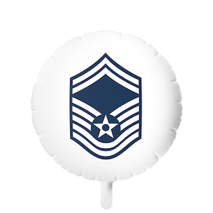 May include: A white, round balloon featuring a dark blue Air Force Senior Master Sergeant rank insignia. The insignia includes chevrons, a diamond, and a star, all in a dark blue color. The balloon has a white handle.