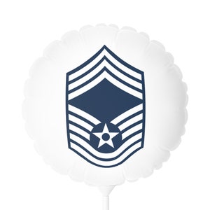 May include: White balloon with a blue and white Air Force rank insignia for a Chief Master Sergeant. The insignia features a star and five stripes.