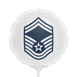 May include: White balloon with a blue and white Air Force rank insignia for a Chief Master Sergeant. The insignia has a star in the center and five stripes.