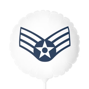 May include: White balloon with a blue Air Force rank insignia, featuring three stripes and a five-pointed star.