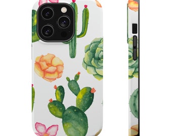 May include: A white phone case with a watercolor design of cacti, succulents, and flowers in shades of green, pink, orange, and yellow.