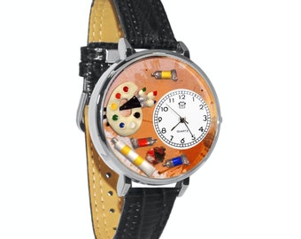 Artist Palette 3D Watch | Handmade in USA by Whimsical Gifts | Gold or Silver Finish | Black Leather Band