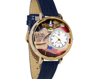 Amerykański patriotyczny zegarek 3D | Wykonany ręcznie w USA przez Whimsical Gifts | Niebieski skórzany pasek do zegarka