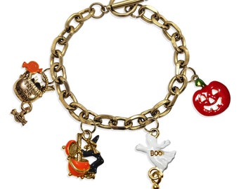 Halloween Toggle Charm Bracelet Collection | Antique Gold or Antique Silver | Hand Painted Charms Made in USA | by Whimsical Gifts