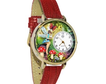 Fairy Secret Garden 3D Watch | Free Initial Charm Dangle | Handmade in USA by Whimsical Gifts | Novelty Unique Funn | Leather Watch Band