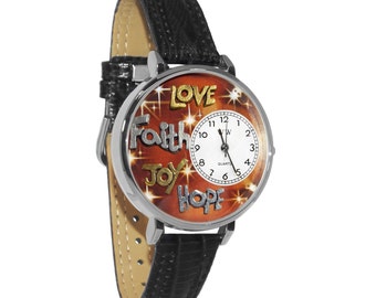 Faith Hope Love Joy 3D Watch | Handmade in USA by Whimsical Gifts | Novelty Unique Fun | Leather Band