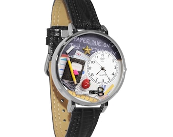 Lehrer-Kreidetafel 3D Uhr | Handgefertigt in den USA von Whimsical Geschenke | Neuheit Einzigartiger Spass | Uhrenarmband aus Leder