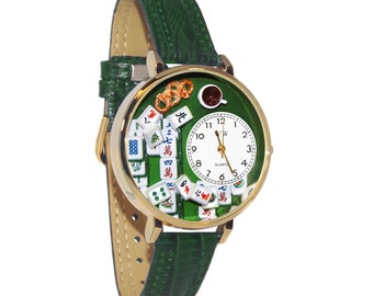 Mah Jongg 3D Watch | Handmade by Whimsical Gifts | Novelty Unique Fun | Green Leather Watch Band