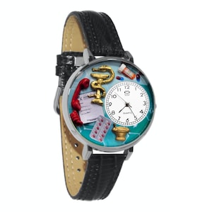 May include: A silver-tone quartz watch with a black leather band. The watch face features pharmacy-related elements, including a golden caduceus, a red telephone, pills, and a mortar and pestle. The watch has a white clock face with black numerals.
