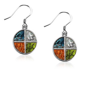 May include: A pair of silver-tone dangle earrings. Each earring features a circular pendant divided into four sections, depicting the elements: water, air, fire, and earth. The sections are colored blue, white, orange, and green, with detailed imagery.