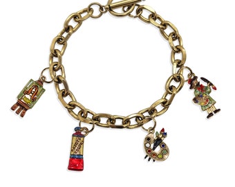 Künstler Knebel Bettelarmband | Antikes Gold oder Antikes Silber Finish | Handbemalte Charms Made in den USA | von Wunderliche Geschenke