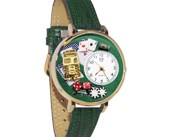 Reloj Casino 3D / Hecho a mano en EE. UU. por Whimsical Gifts / Novedad, originalidad y diversión / Correa de cuero verde