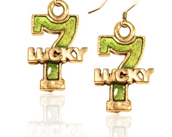 Casino Lucky 7 Charm Earrings | Gold or Silver Finish | Hand Painted & Handmade in USA | by Whimsical Gifts