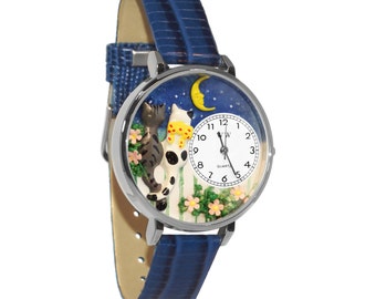 Cats Night Out 3D Watch | Includes Free Initial Charm Dangle | Handmade in USA by Whimsical Gifts | Novelty Fun Unique | Blue Leather Band