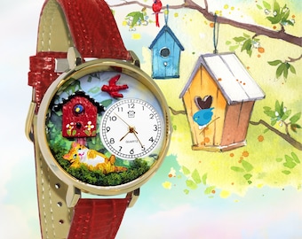 Cat Bird Daydream 3D Watch | Handmade in USA by Whimsical Gifts | Novelty Fun Unique | Red Leather Watch Band