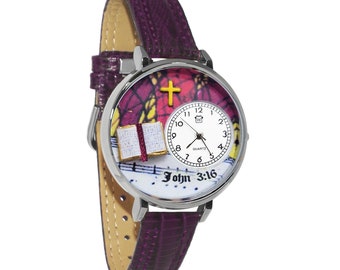 John 3:16 Amazing Grace Watch | Handmade in USA by Whimsical Gifts | Purple Leather Watch Band