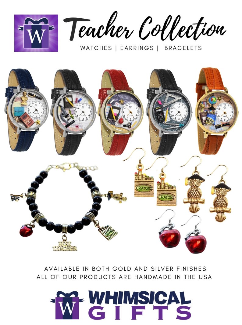 K&ouml;nnte beinhalten: Lehrer-Kollektion mit Uhren, Ohrringen und Armb&auml;ndern. Die Uhren haben Zifferbl&auml;tter zum Thema Lehrer und Lederarmb&auml;nder. Das Bild zeigt auch ein Perlenarmband mit Anh&auml;ngern und verschiedene Ohrringe, darunter Buntstifte, Eulen und rote &Auml;pfel.
