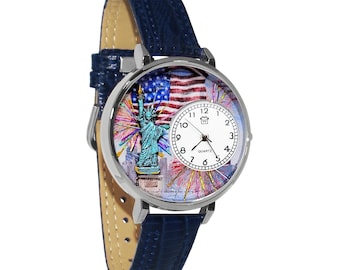 Amerykański patriotyczny zegarek 3D ze Statuą Wolności | Ręcznie robiony w USA przez Whimsical Gifts | Skórzany pasek do zegarka