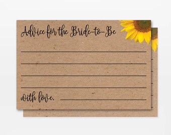 Printable Sunflower Bridal Shower Advice Cards, Printable Rustic Kraft Sunflower Bridal Shower Advice for the Bride, DIY Advice Bride Cards