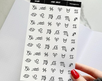 May include: A sheet of stickers with black zodiac signs on a white background. The sheet is labeled "Zodiac Signs" and "Icon Sheet".