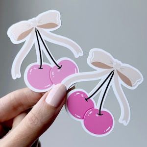 Coquette Cherry Sticker, Pink Bow Cherry Sticker, Cherries Sticker, Bookish Sticker, Girly Sticker, Kindle Sticker, Pink Aesthetic Stickers
