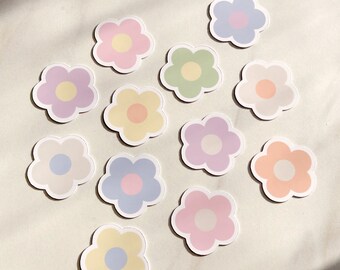 Flower Stickers, Flower Sticker Pack, Set of 12, Aesthetic Sticker Set, Retro Stickers, Pink Yellow Orange Blue Stickers, Laptop Stickers,