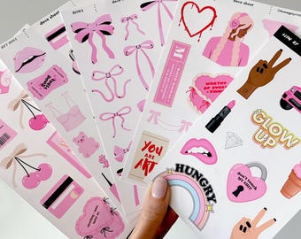 Pink Aesthetic Journaling Sticker Sheets, Girl Stickers, Coquette Stickers, Pink Journal Stickers, Journal Stickers Pack, Deco Sticker Sheet