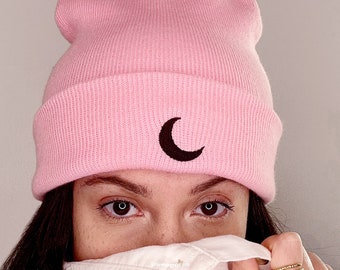 Moon Beanie, Cute Pink Beanie, Bubblegum Pink Black Moon Beanie Hat, Edgy Celestial Cozy Moon Beanie, Light Pink Knit Cozy Moon Beanie