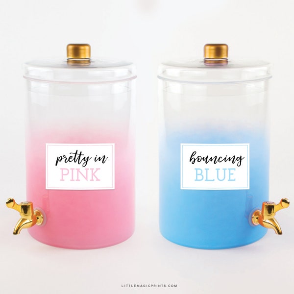 Gender Reveal Printable Drink Signs, Printable Gender Reveal Pretty Pink Bouncing Blue Drink Dispenser Labels, Gender Reveal Decorations