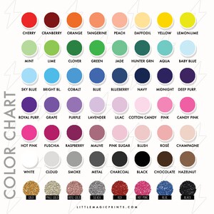 May include: Color chart with 48 different color swatches. Each swatch is a circle with a white border and the color name written below it. The colors include red, orange, yellow, green, blue, purple, pink, brown, gray, white, black, and gold.
