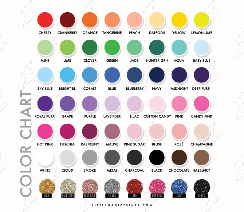 May include: Color chart with 48 different color swatches. Each swatch is a circle with a white border and the color name written below it. The colors include red, orange, yellow, green, blue, purple, pink, brown, gray, white, black, and gold.
