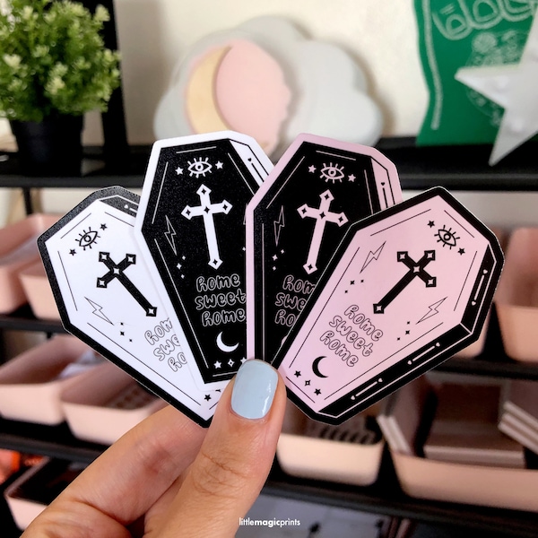 Pegatinas de ataúd, pegatinas de vinilo espeluznantes de estilo gótico negro, rosa y blanco, pegatinas de ataúd de Halloween, pegatinas de cruz, luna y estrellas para ataúd en colores pastel góticos
