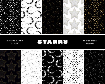 Papeles digitales de estrellas, papeles digitales de constelaciones, impresiones digitales celestiales, impresiones digitales en oro negro, álbumes de recortes digitales, patrones digitales de estrellas