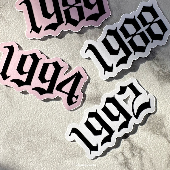 Year Stickers, Gothic Font Year Sticker, Custom Old English Vinyl Stickers, 1989 Sticker, 90's Stickers, Water Bottle Stickers, 1992 Sticker
