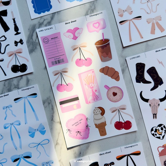 Girly Aesthetic Journaling Stickers, Bows Stickers, Food Stickers, Planner Stickers, Deco Sticker Sheet, Cherry Stickers, Coffee Stickers