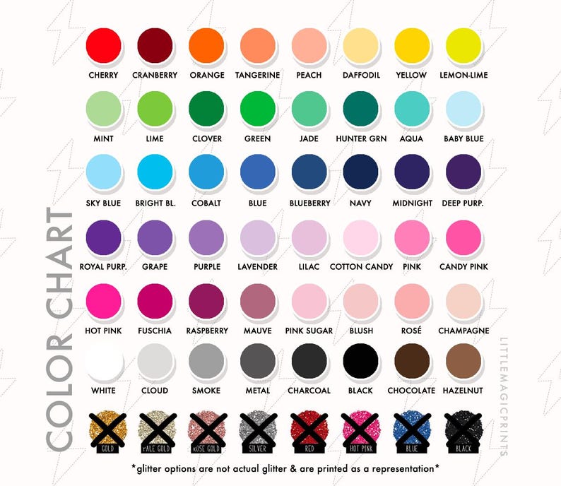 May include: A color chart featuring a variety of hues, including red, orange, yellow, green, blue, purple, pink, and neutral tones. Each color is labeled with its name, such as "Cherry," "Navy," and "Hot Pink." The chart also includes glitter options.