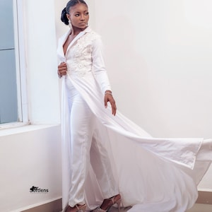 Ivory Suit with Train for Wedding, White Pant Suit with Train,Women Wedding Pant Suit,Bridal Pant Suit with Dramatic Train,Luxury Women Suit