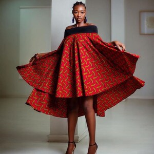 Vestido curto vermelho Ankara com ombros de fora/vestidos midi africanos vermelhos/vestidos curtos soltos, vestido africano casual, vestido africano plus size imagem 2