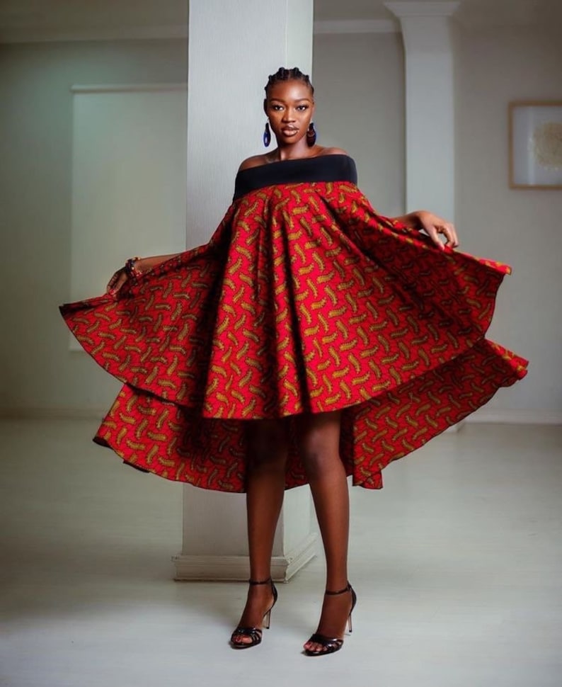 Vestido curto vermelho Ankara com ombros de fora/vestidos midi africanos vermelhos/vestidos curtos soltos, vestido africano casual, vestido africano plus size imagem 2