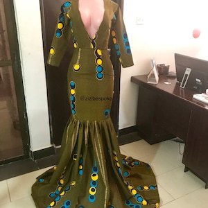 Leaf Green Floor Length Mermaid African Print Dress with Open back detail Green Teal and Yellow Ankara Dresses, African Print Ball Dress image 1