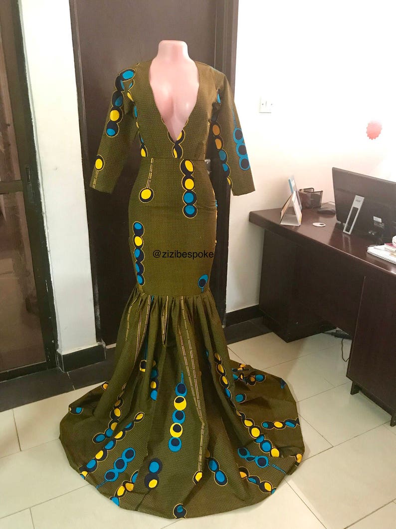 Leaf Green Floor Length Mermaid African Print Dress with Open back detail Green Teal and Yellow Ankara Dresses, African Print Ball Dress image 1