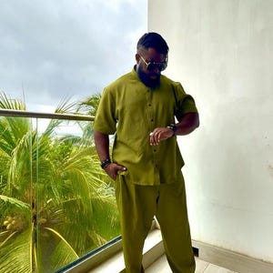 Men’s Two-Piece Set - Elegant Olive Green Matching Outfit For Events, Church, or Daily Style image 1