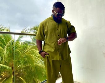 Men’s Two-Piece Set - Elegant Olive Green Matching Outfit For Events, Church, or Daily Style