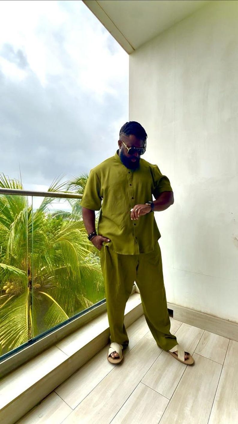 Men’s Two-Piece Set - Elegant Olive Green Matching Outfit For Events, Church, or Daily Style image 1