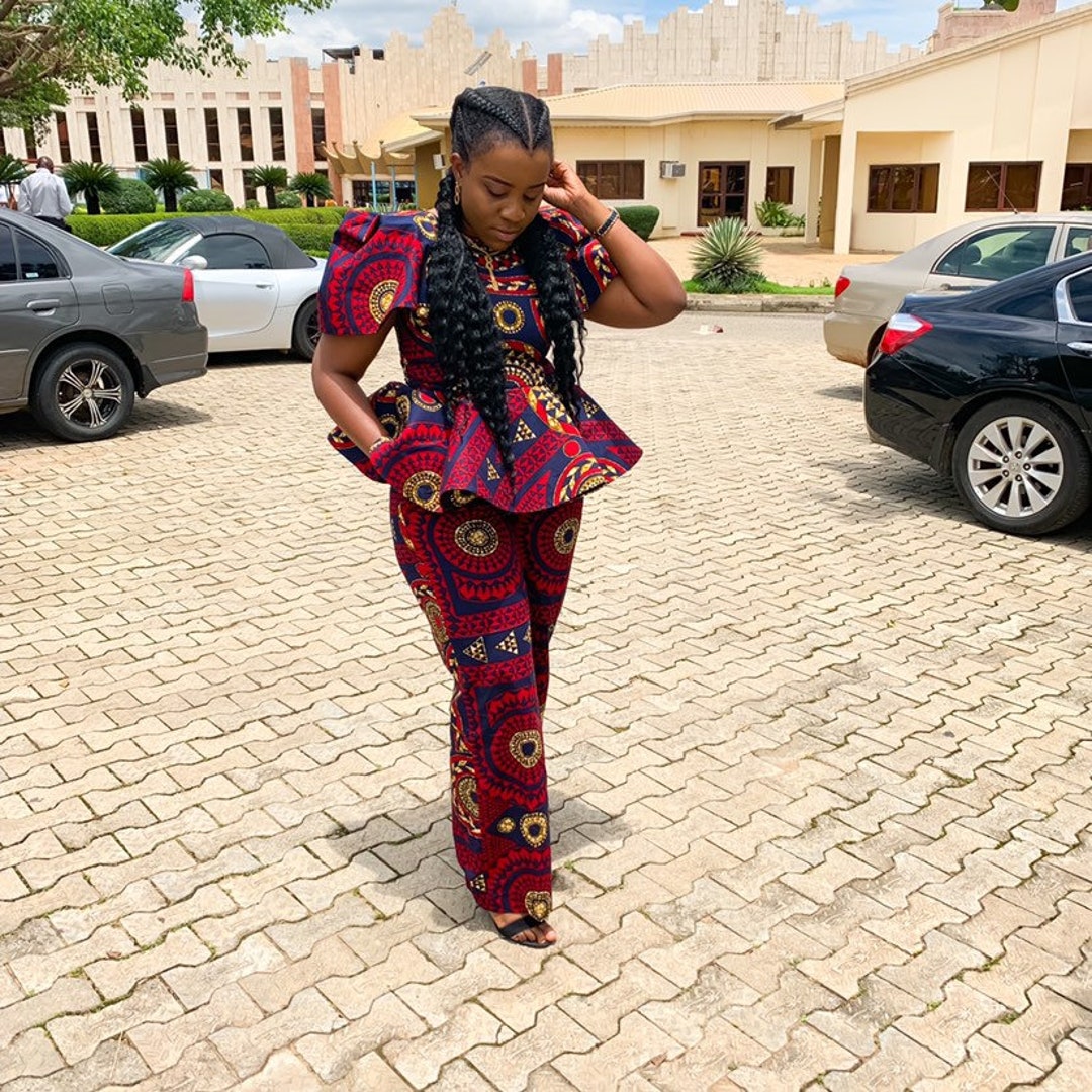 African Pant Suits, Ankara Pant Suits, Burgundy Pant Suit Set With