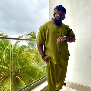 Men’s Two-Piece Set - Elegant Olive Green Matching Outfit For Events, Church, or Daily Style image 4