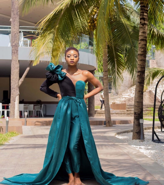 Black and Teal Wedding Jumpsuit With Detachable Cape, Wedding