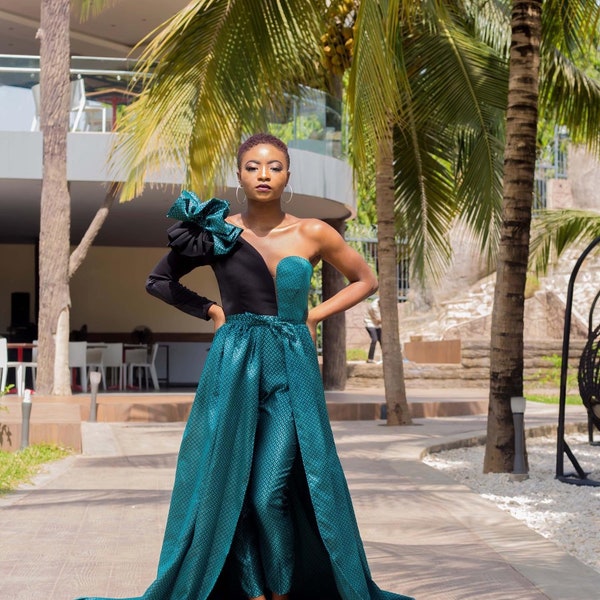 Black and Teal Wedding Jumpsuit with Detachable Cape, Wedding Jumpsuits, Jumpsuits with Capes, Ankle Length Bridal Jumpsuit