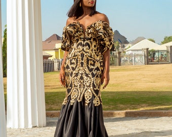 Black & Gold Evening Gown with Mermaid Train, Gold Dresses for Events, Elegant Off-Shoulder Black and Gold Mermaid Dress